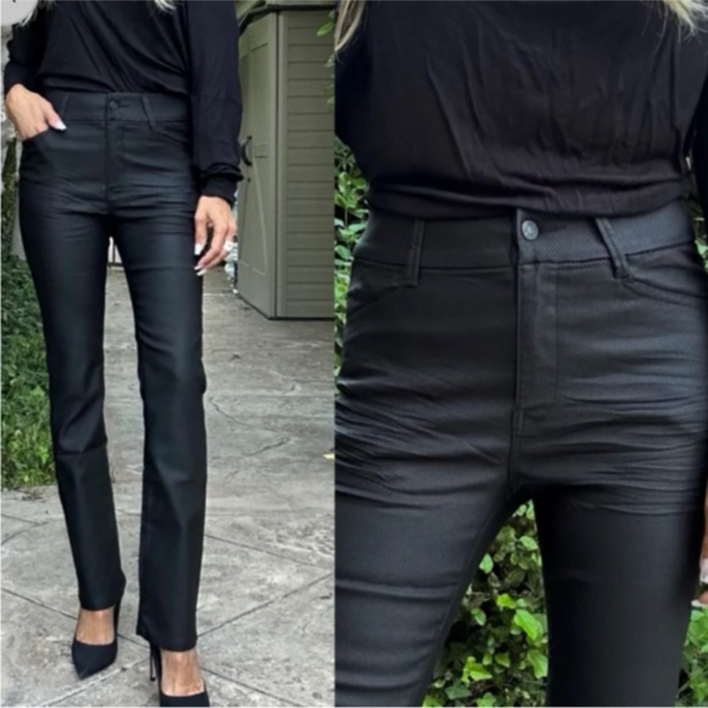 Bevy Flog Novel Black Coated Straight Leg Pants Made in Israel Size 27